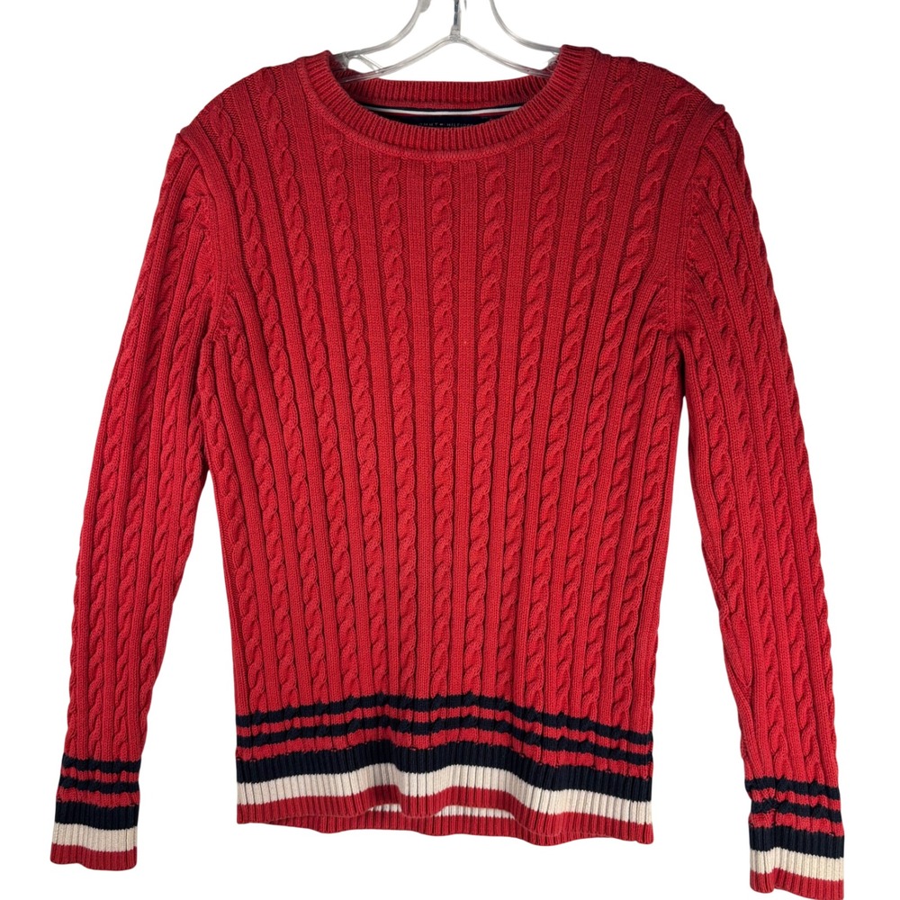 Tommy Hilfiger Red Cable Knit Sweater Womens Medium Striped Trim Cotton Crewneck